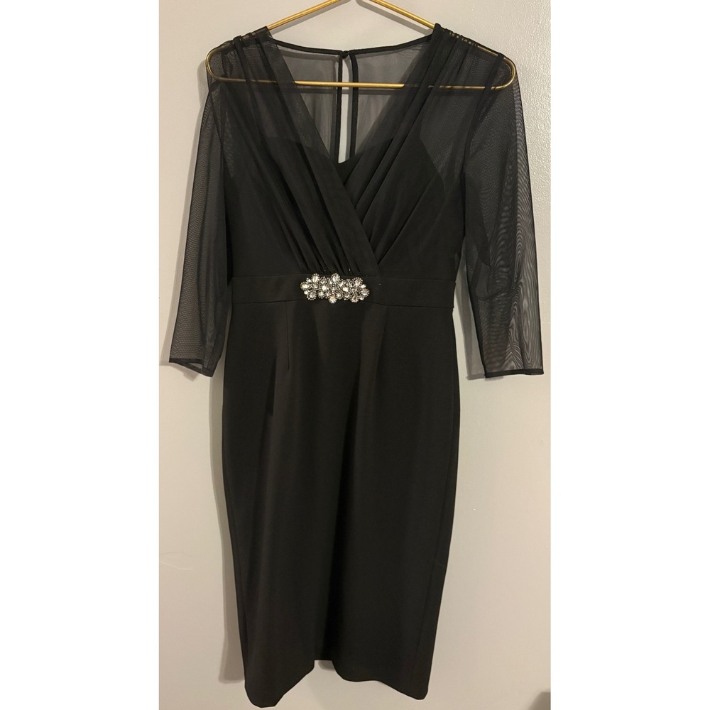 Alex Evenings Black Mesh Sheath Dress Rhinestone Waist 3/4 Sleeve Size 4 Formal